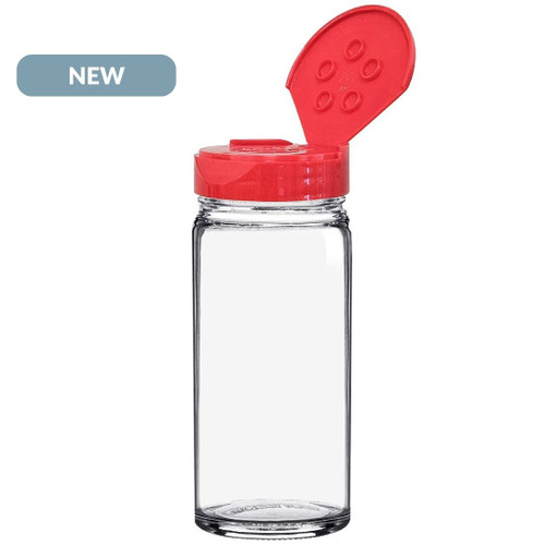 3.4 oz Round Glass Spice Jar with Red 5 Holes Dispensing Cap NEW