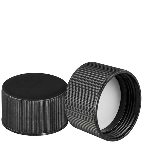 Kila Screw Cap 28/410, Glossy Black Plastic Ribbed Skirt with PE Liner
