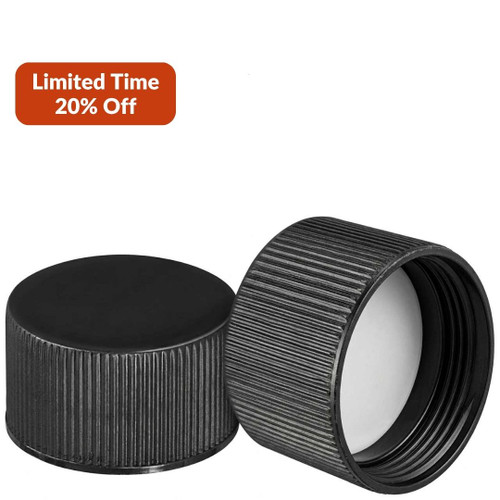 Kila Screw Cap 28/410, Glossy Black Plastic Ribbed Skirt with PE Liner Promo