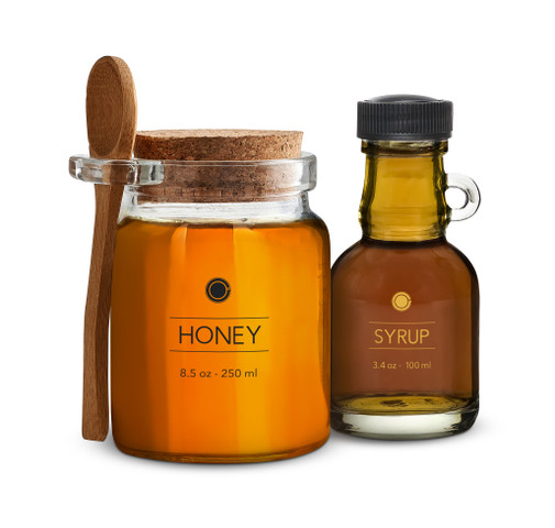 Honey jar and syrup bottle