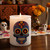 Kaleido Sugar Skull on White Jar - Cosmic with Dia de Los Muertos Ofrenda and Painted Banner 