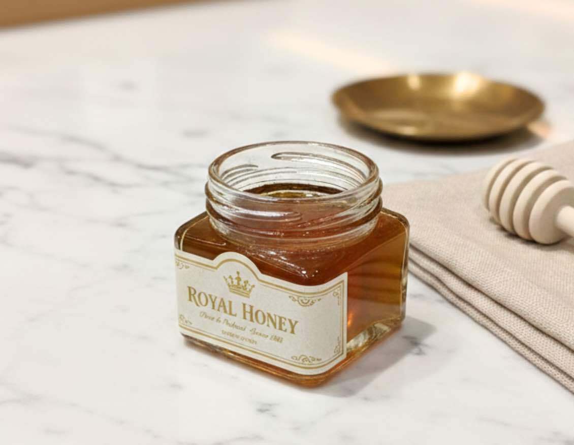 1 oz shallow square glass jar filled with honey for sample-size packaging