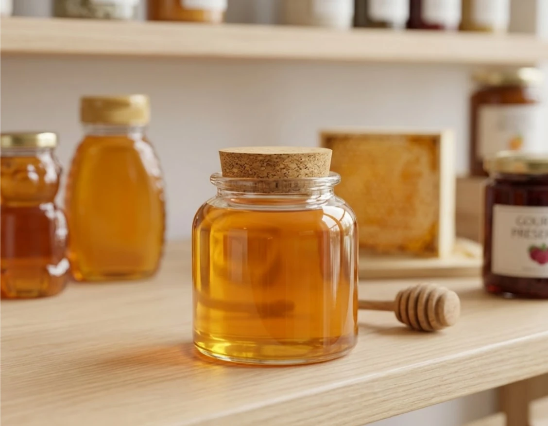 8 oz apothecary jar filled with honey, showcasing clear glass and product visibility