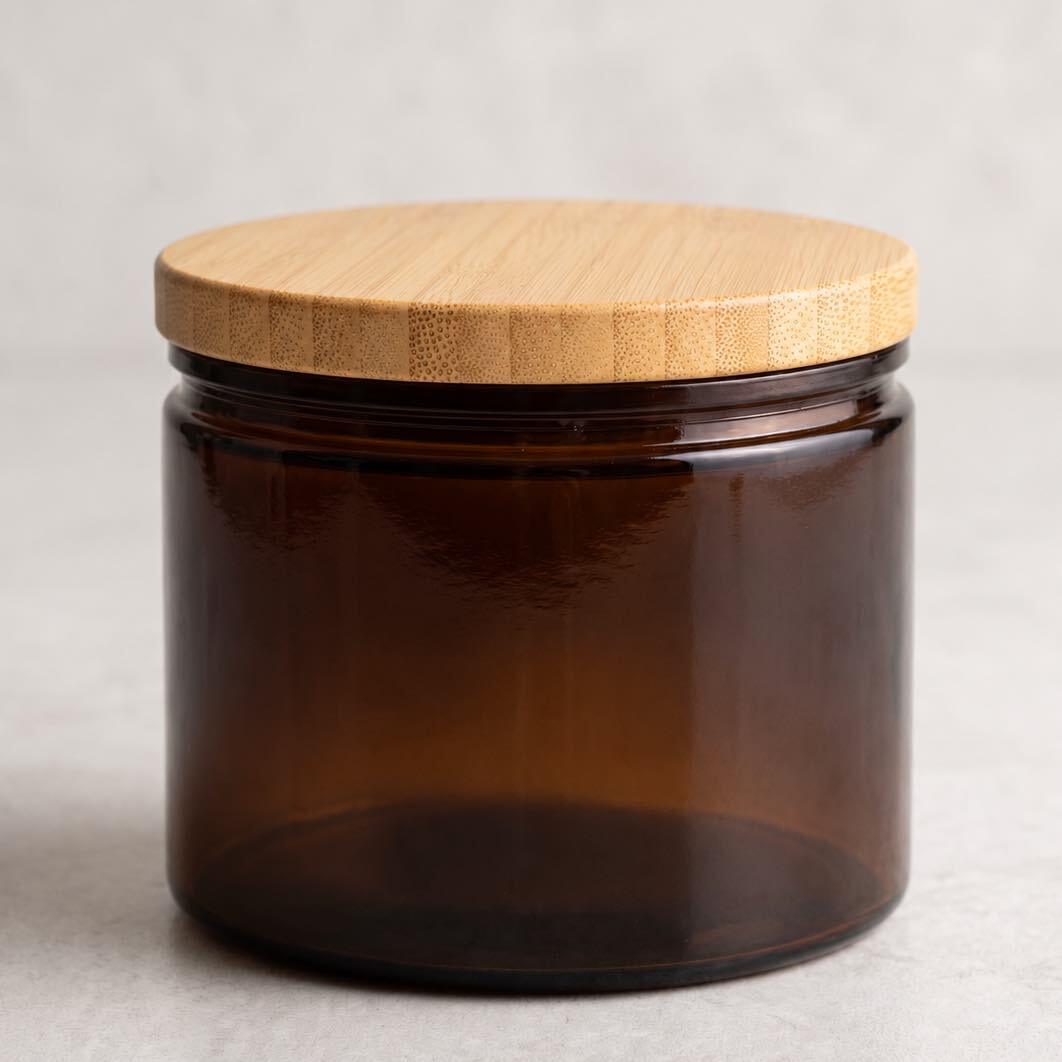 Neo 10 Natural Bamboo Lid on 15 oz Extra Wide Mouth Calypso Jar in Dark Amber (6196G48) — elevated bamboo lid presentation for candle and cosmetic packaging