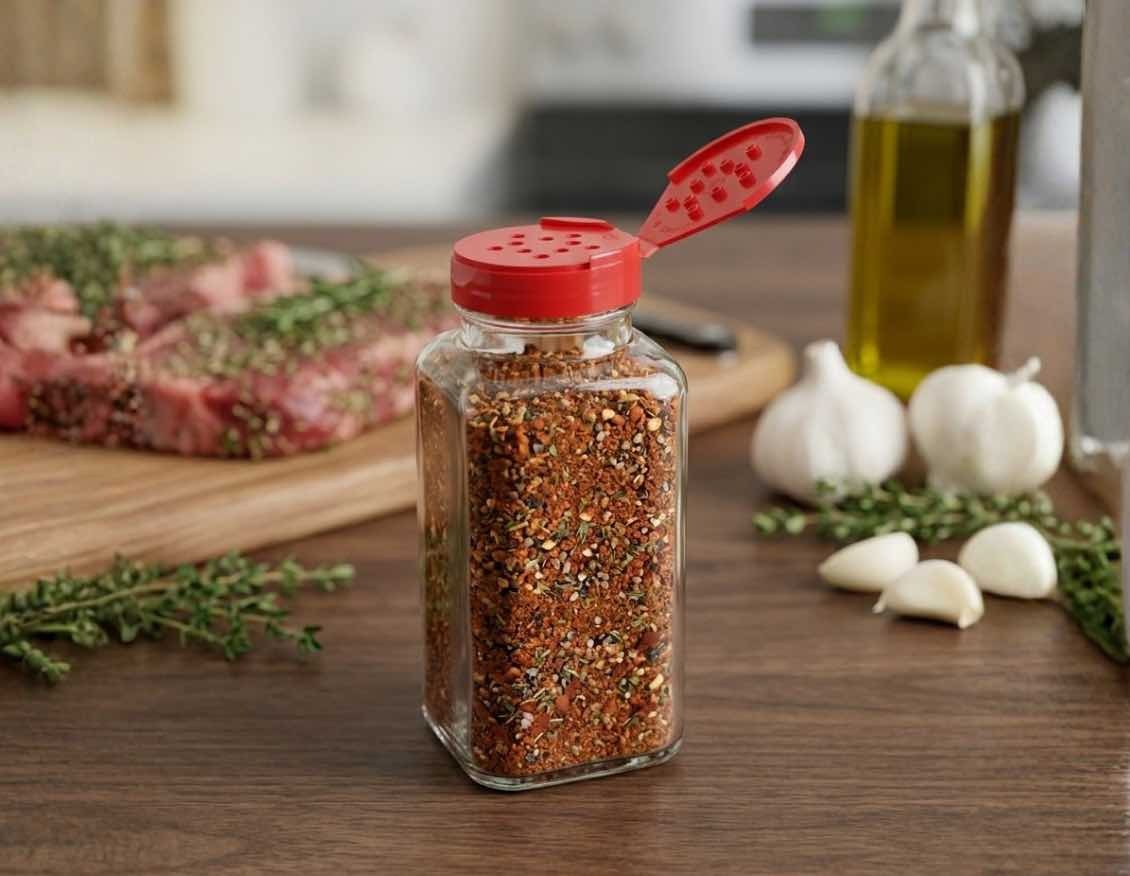 8 oz Orleans Square glass seasoning shaker bottle with 10-hole spice cap