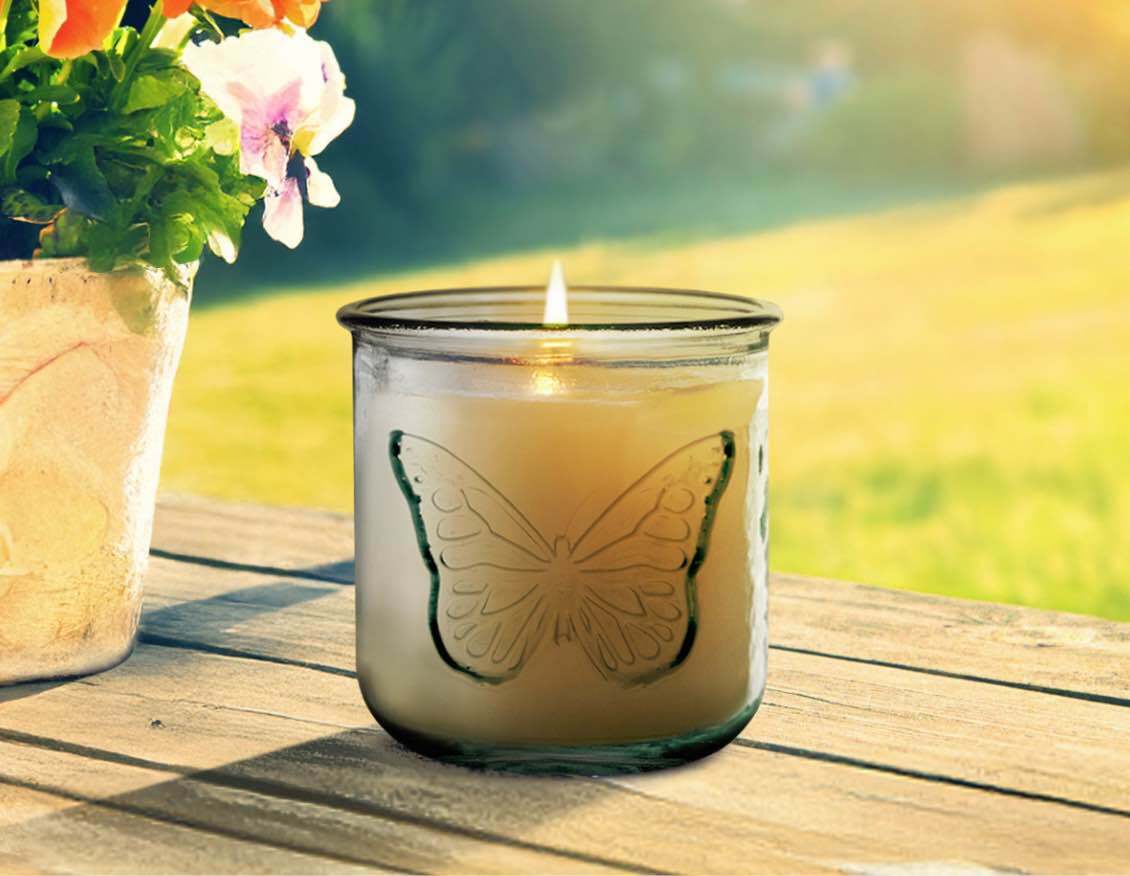 10 oz Classico Butterfly candle container made from 100% recycled glass