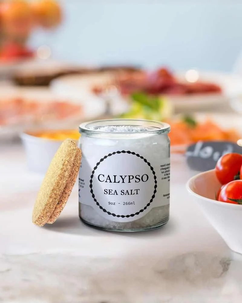 9 oz Cork Finish Calypso Glass Jar filled with sea salt for food and apothecary packaging