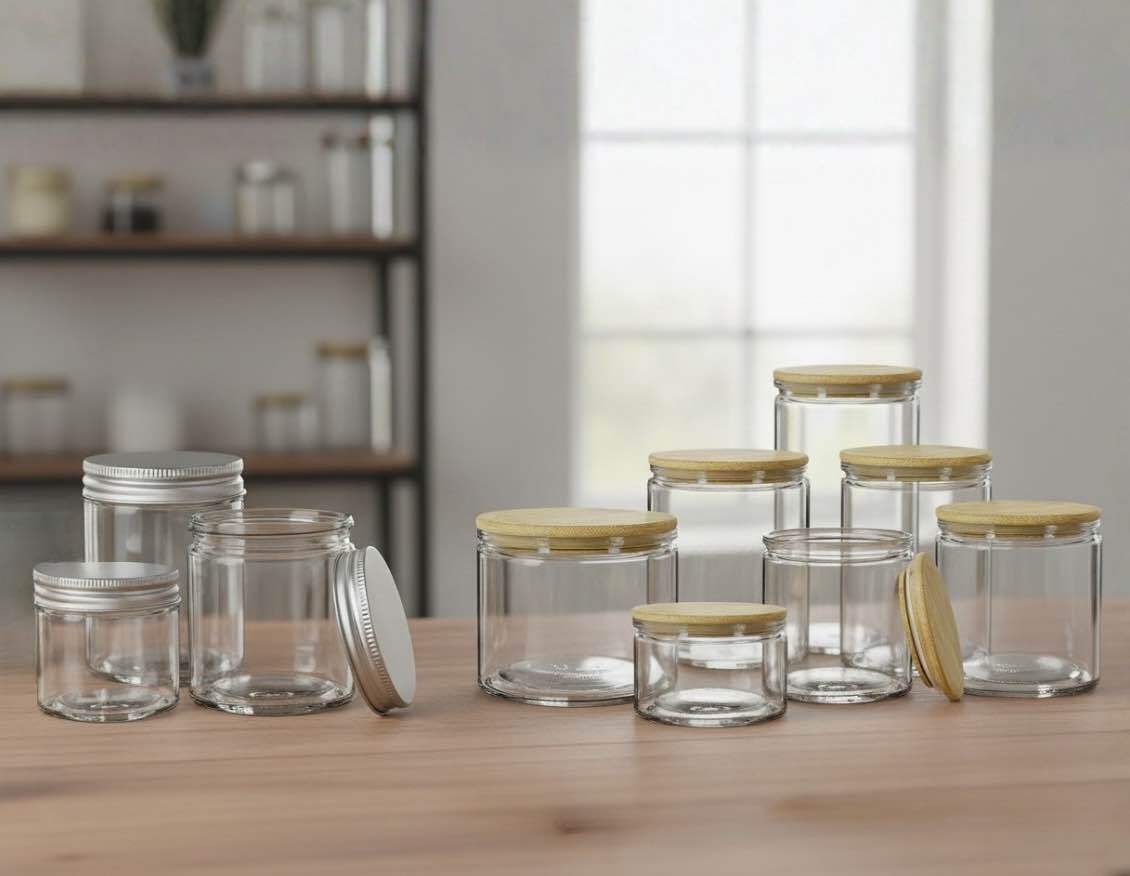 Calypso glass jar family with cork-finish and threaded styles