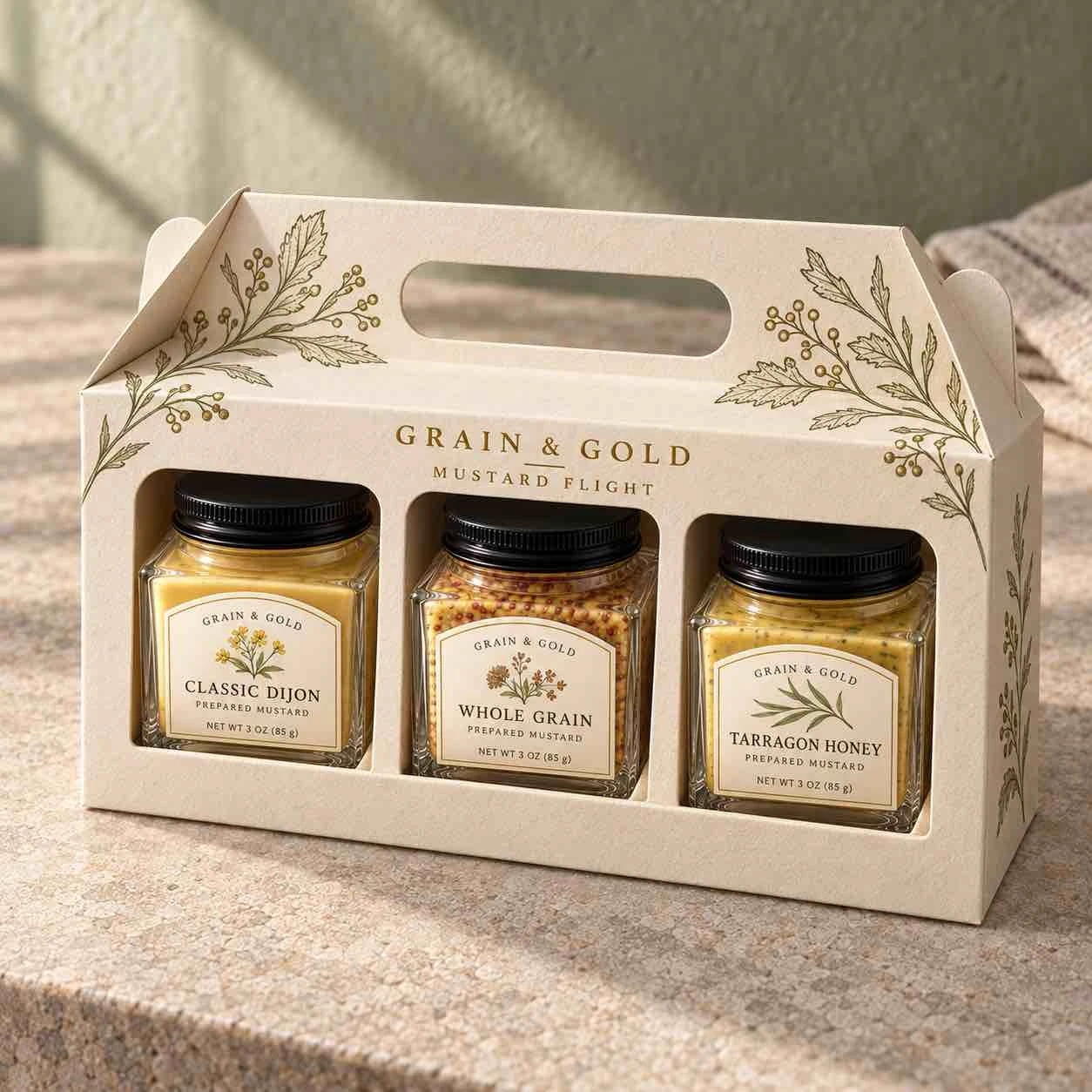 Mustard flight packaged in small square glass jars