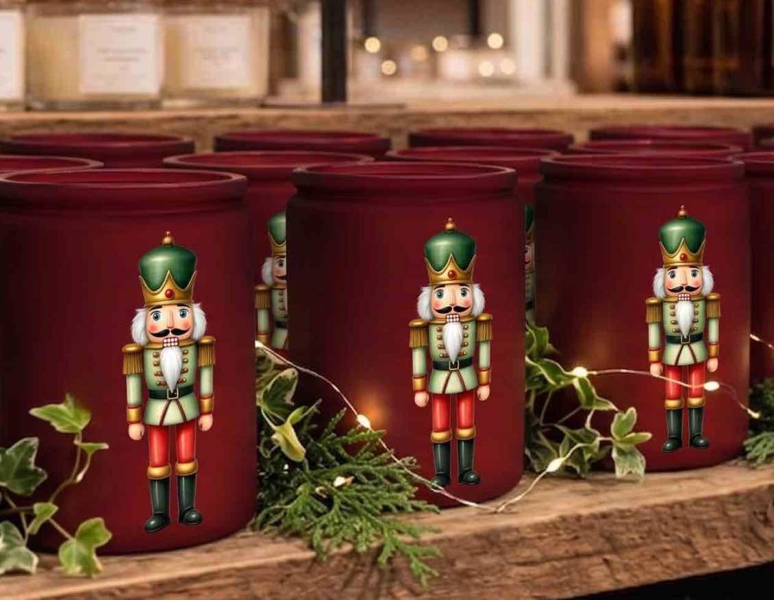 Holiday Nutcracker designs for wholesale candle jars in Frosted White glass
