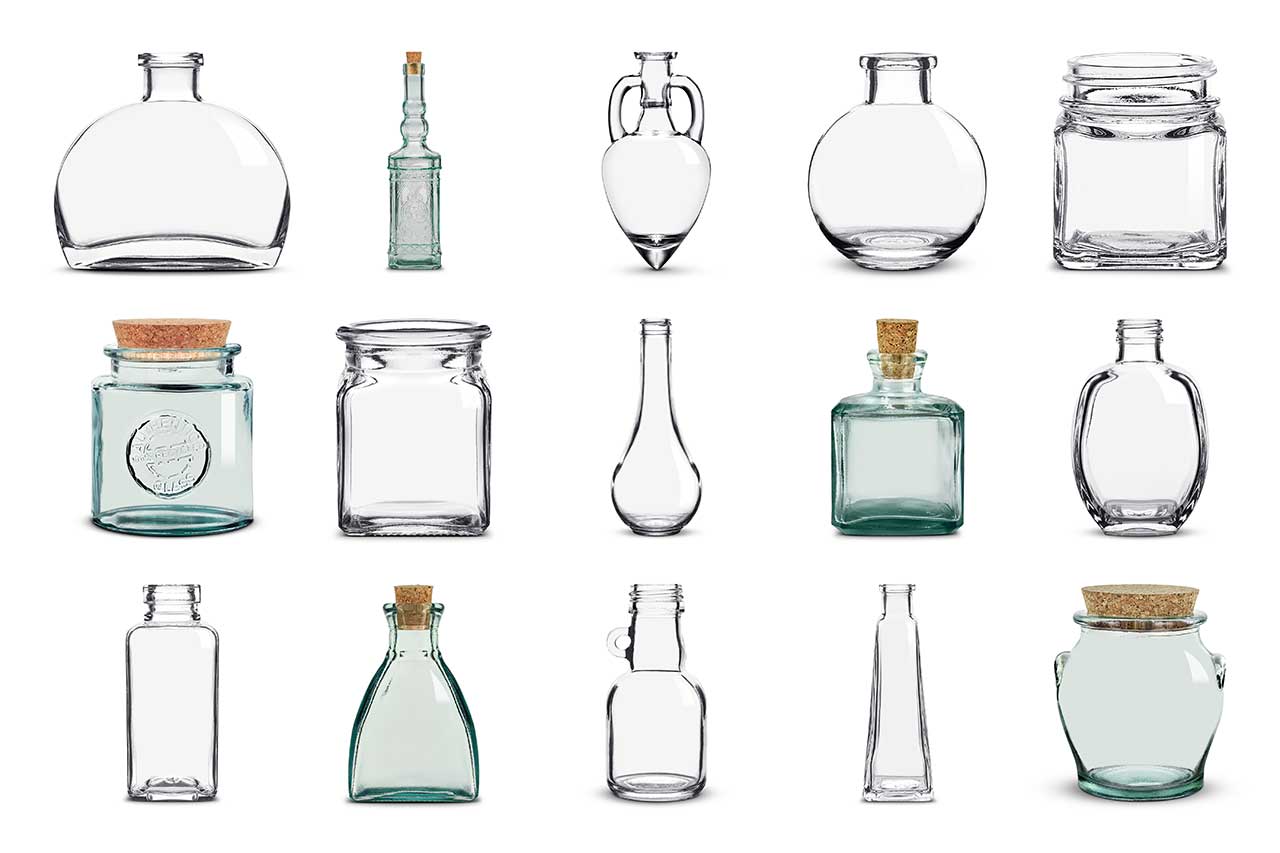Group of Glassnow clear bottles and jars