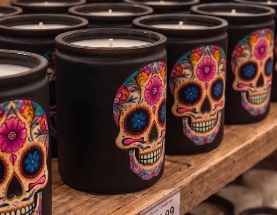 Kaleido Sugar Skull designs for wholesale candle jars in Glossy White glass