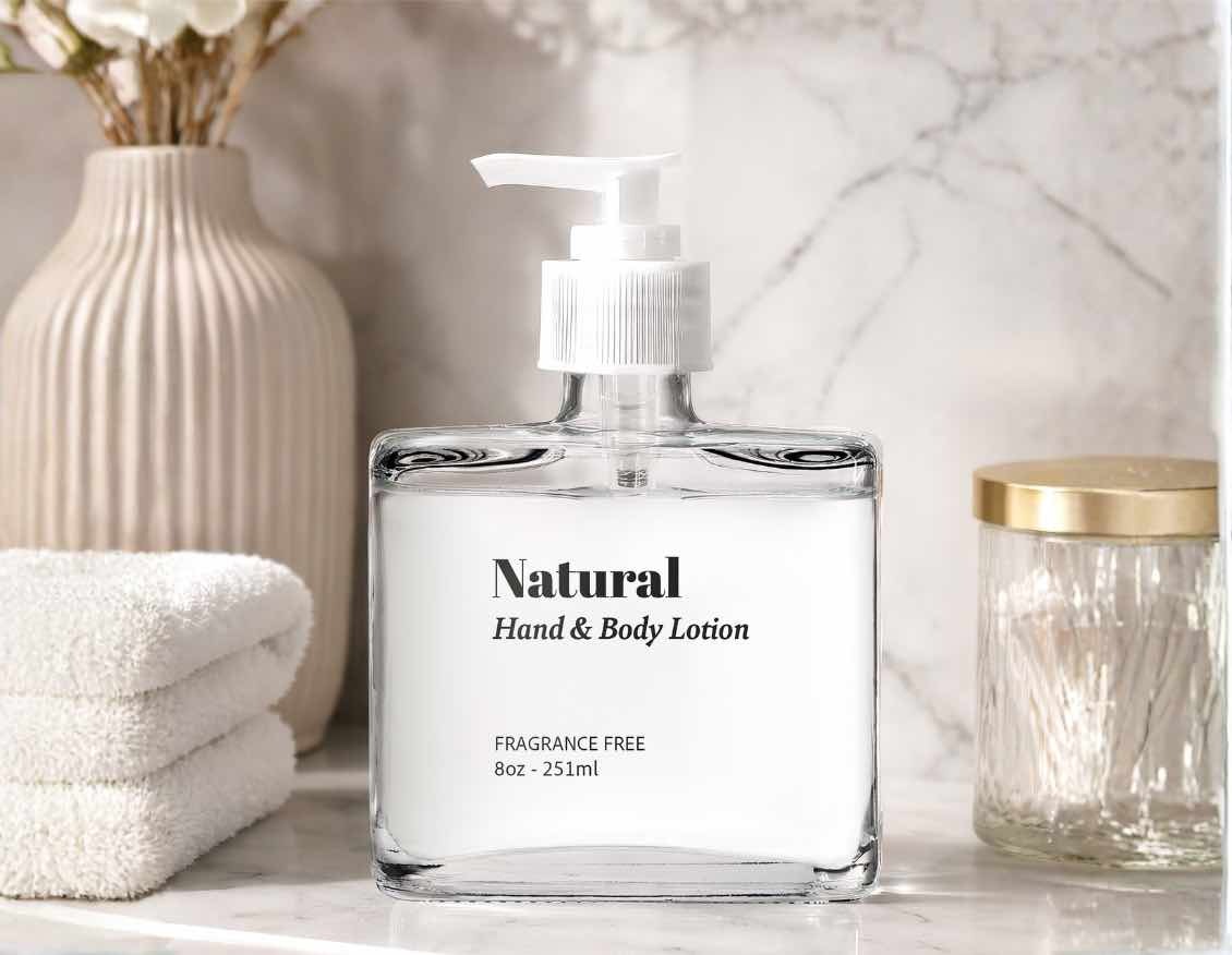 Matic rectangular glass bottle paired with pumps for soaps and lotions