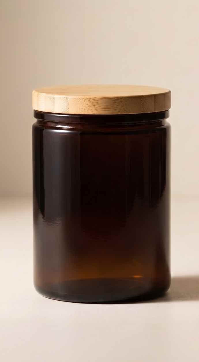 Neo 10 Natural Bamboo Lid — 20mm elevated profile on dark amber glass jar showing substantial presence and warm natural finish