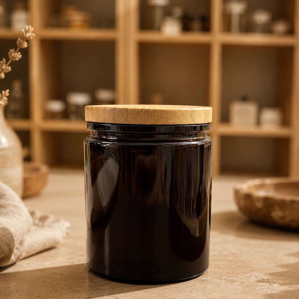 Neo 10 Natural Bamboo Lid 88mm on 13 oz Wide Mouth Calypso Jar in Dark Amber (6193G48) — full product view showing elevated bamboo lid and warm natural finish