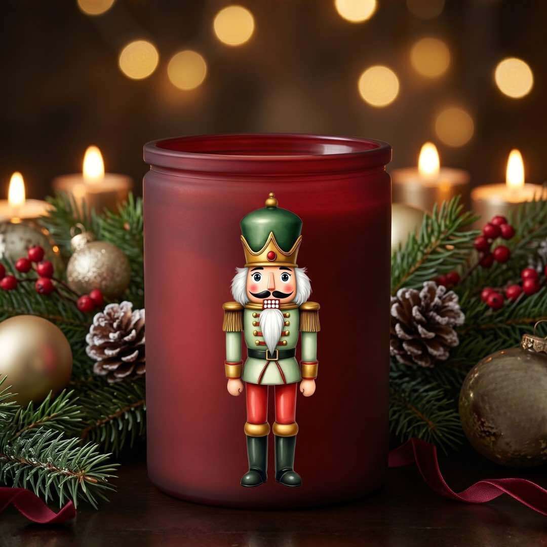 Holiday Nutcracker — Evergreen Edition on Frosted Red Jar