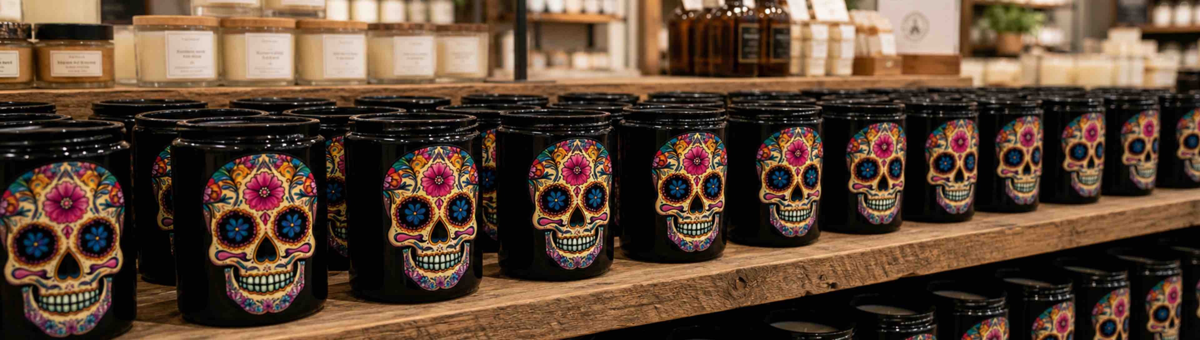 Sugar Skull Candle Jars on retail storefront display