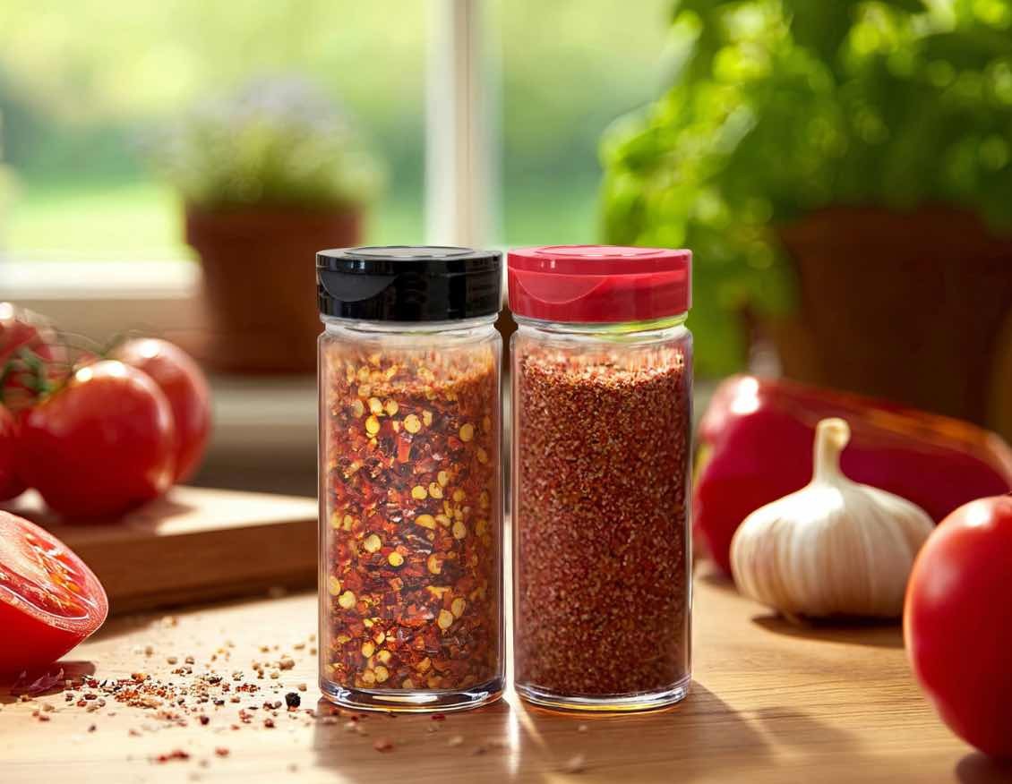 3.4 oz round glass mini seasoning shaker bottles with 5-hole shaker caps for pepper flakes and seasoning blends