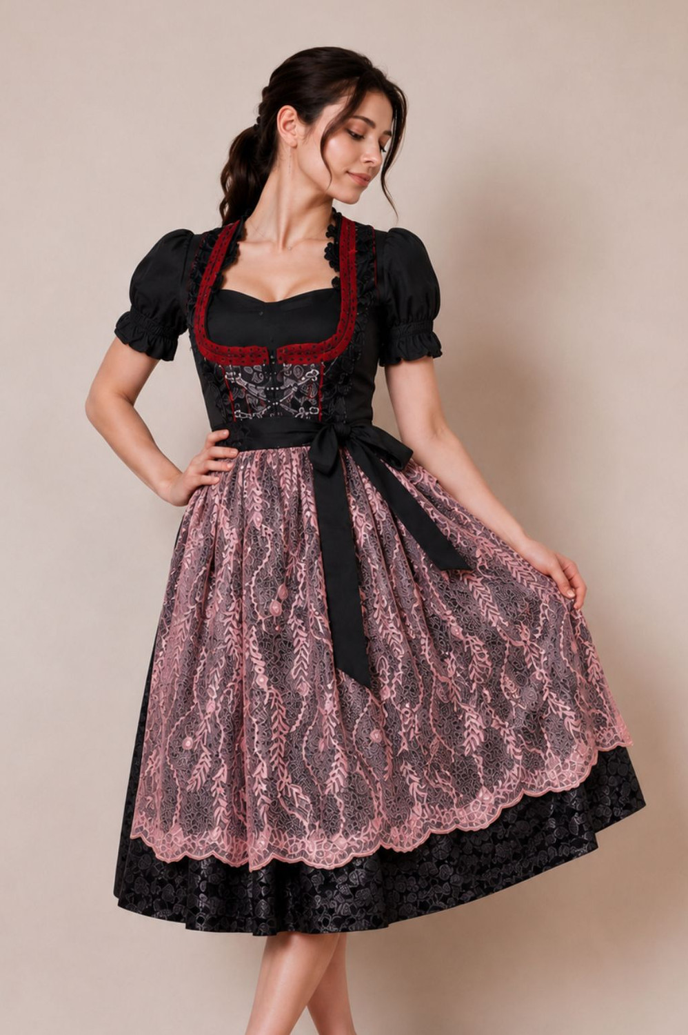 Midi dirndl Peri Baumeister by eLederhosen, Wadenlange cut in Venetian Ruby with black Mieder, rose leaf-lace apron, and silver Charivari chain, front view