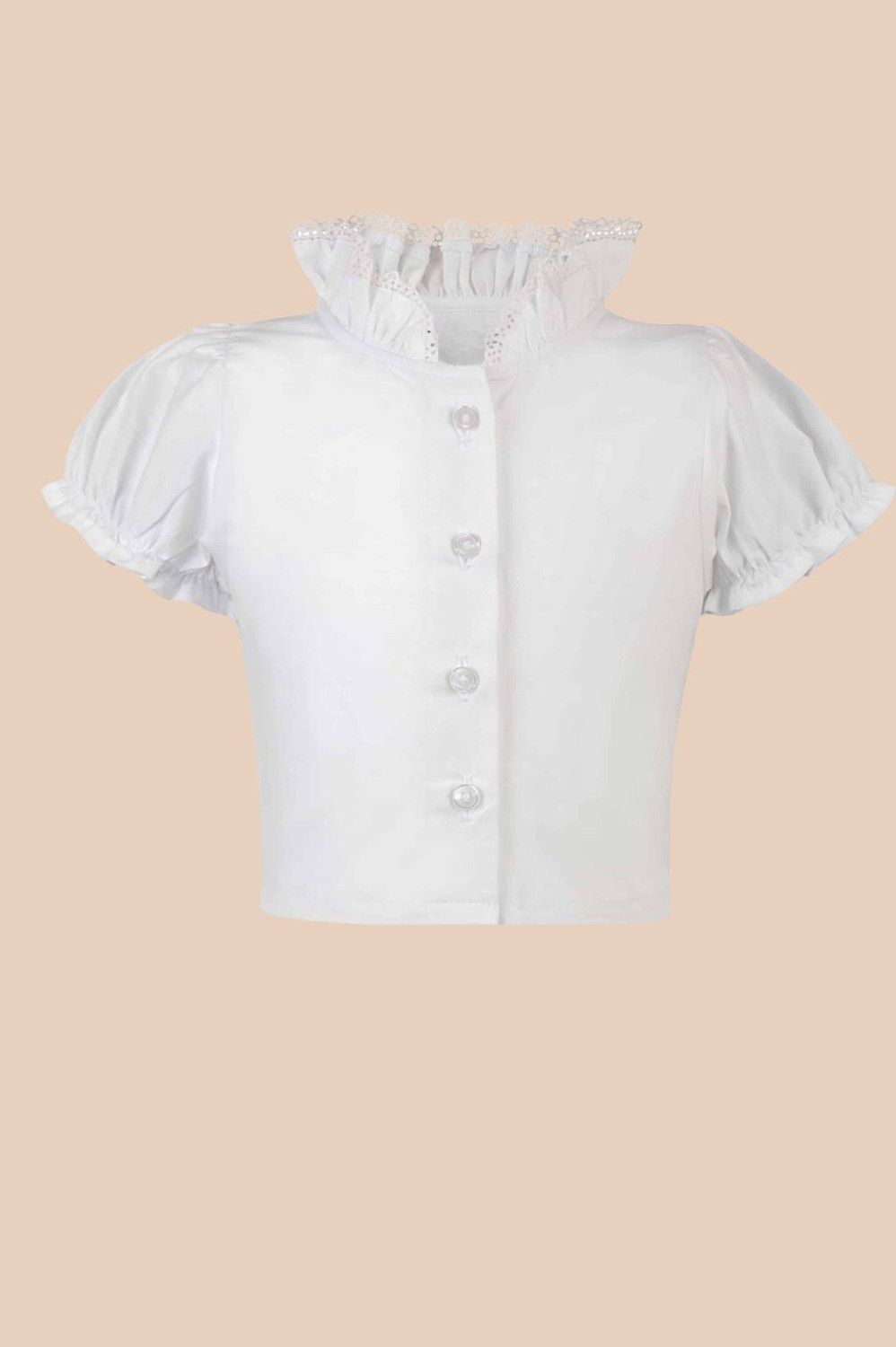 White girls’ traditional Trachten blouse with delicate lace ruffled collar and elegant sleeve detailing.