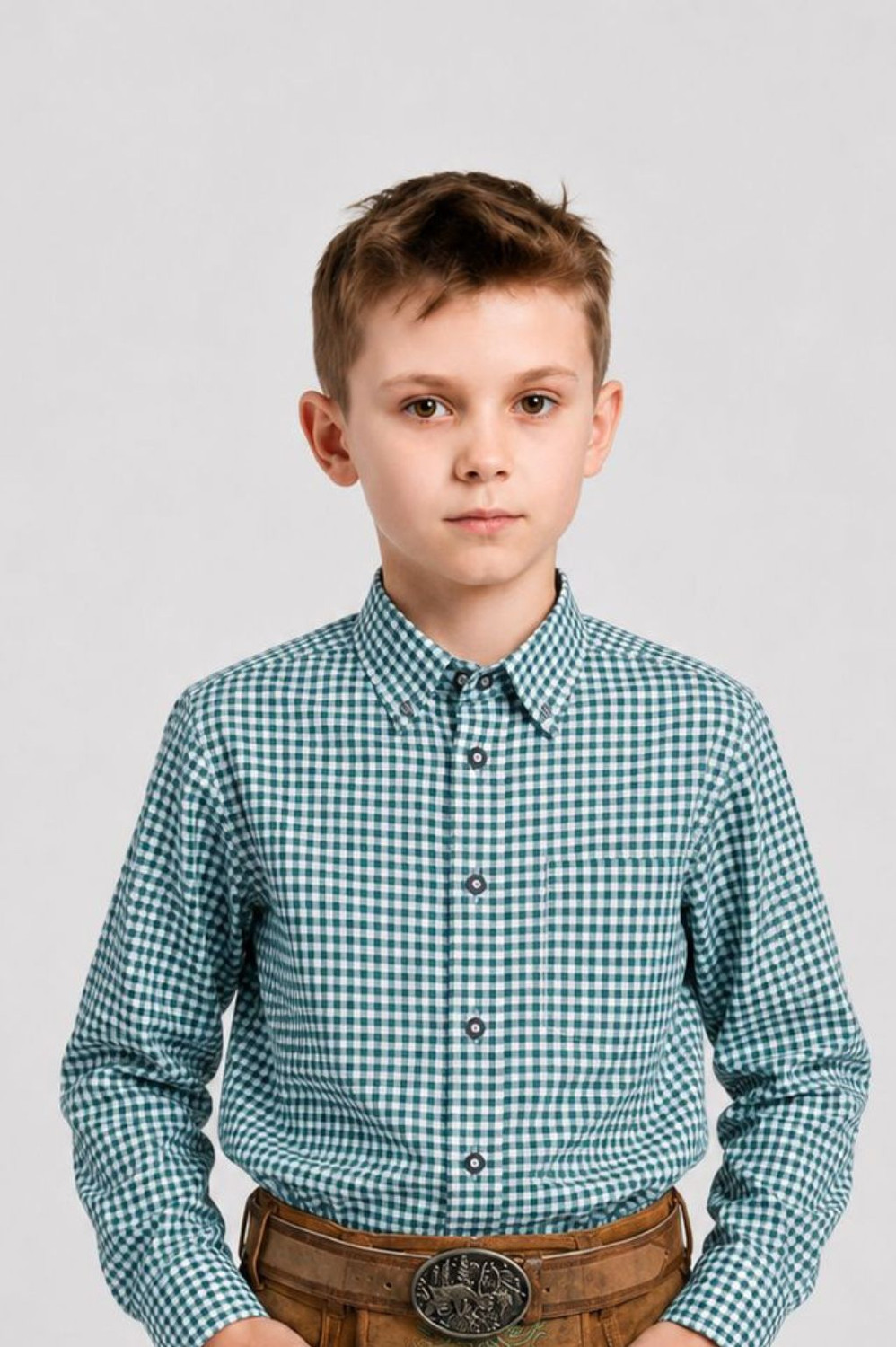 Ben Kids Green Cotton Check Shirt for boys featuring a classic Bavarian-inspired green check pattern, perfect for pairing with lederhosen, Oktoberfest, festivals, family events, and everyday wear.
