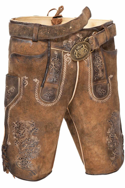 German shorts featuring intricate embroidery and a vintage brass belt buckle, offering a traditional yet stylish look. These lederhosen shorts are perfect for a man in lederhosen attending festive events