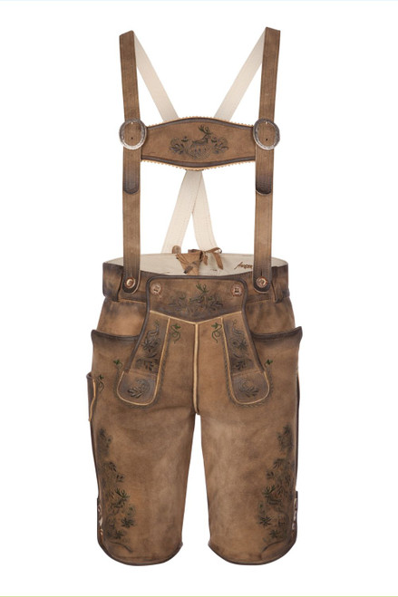 Lederhosen German shorts with suspenders and intricate embroidery, designed for traditional cultural events and festivities. These short lederhosen feature durable leather and a comfortable fit for an authentic Bavarian look
