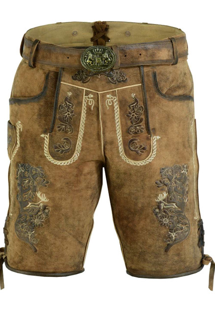 Front view of tan-colored lederhosen for men with intricate floral embroidery and a traditional silver belt buckle