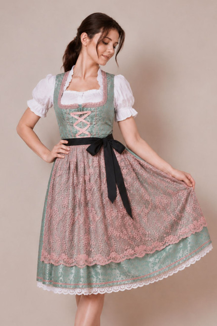 Green midi dirndl Headey by eLederhosen with floral embroidered apron, front view