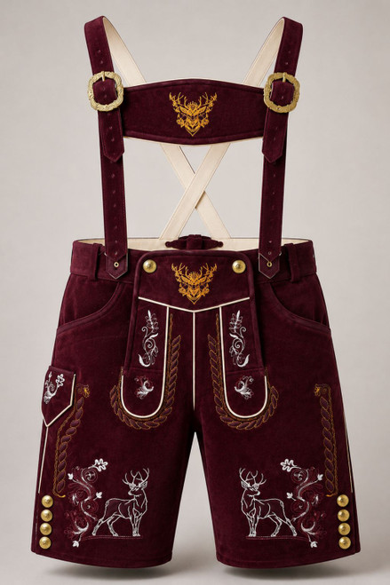 Santa Calvin Lederhosen in Burgundy Maroon Color for Santa Claus made from premium suede leather with white deer embroidery and matching suspenders.