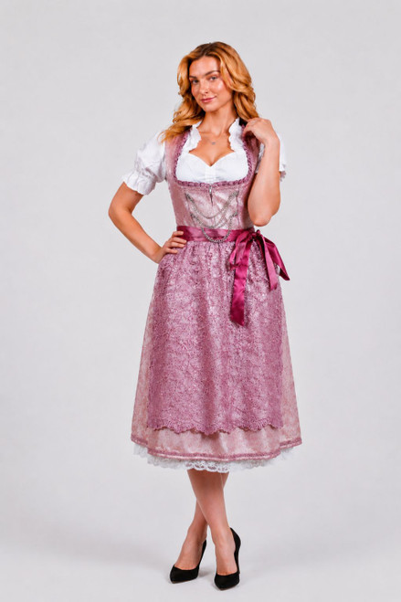 Pink maxi dirndl Lisa by eLederhosen, ankle-length Lange Dirndl in Royal Raspberry with lace overlay and hot pink satin apron, front view