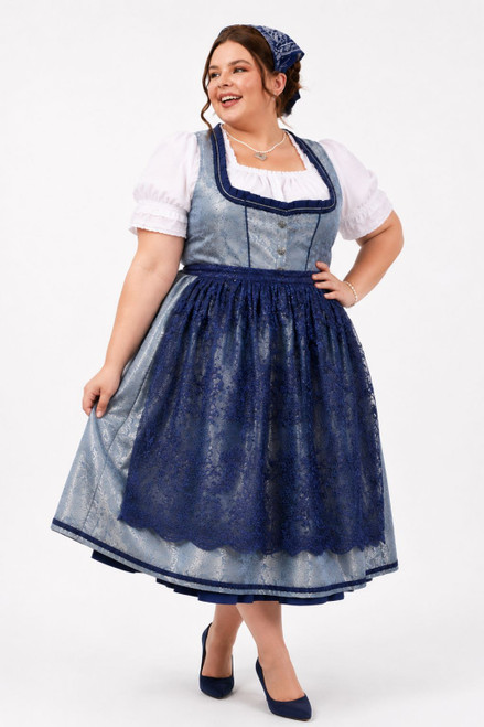 Plus size blue dirndl Nastassja by eLederhosen in Mystic Blue Moon iridescent bodice with navy lace apron, German sizes 52 to 60, front view
