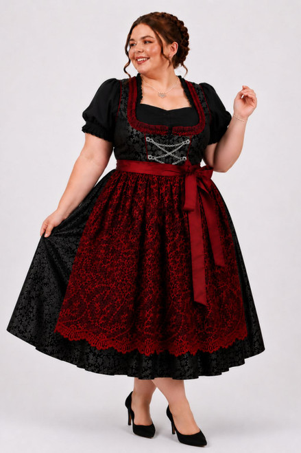 Plus size black dirndl Kekilli by eLederhosen with red sequinned lace apron and crimson piping, German sizes 52 to 60, front view