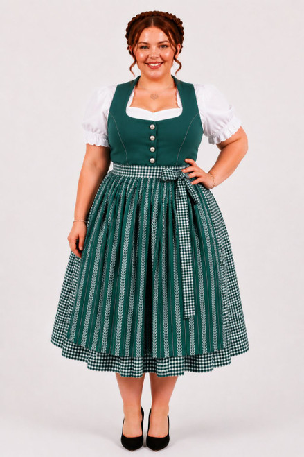 Plus size green dirndl Mona by eLederhosen in Mystic Green with green and white checkered apron and silver button front, German sizes 52 to 60, front view

