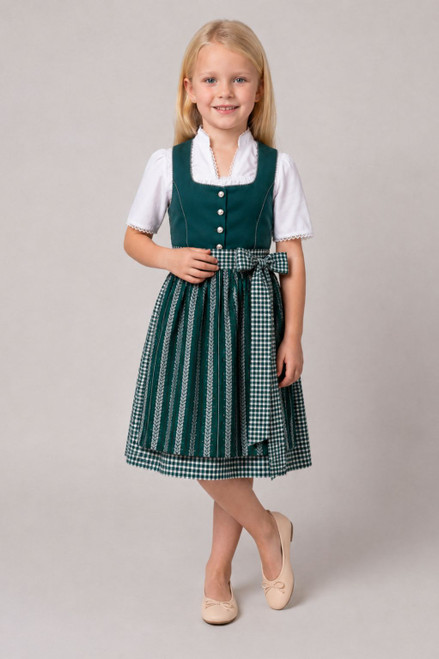 Kids dirndl Anna by eLederhosen Mystic Green checkered Kinder dirndl with silver button front in German sizes 80–164., front view