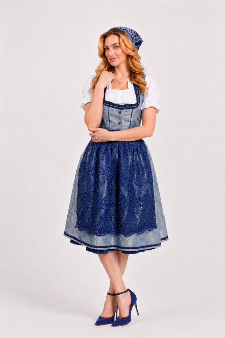 Blue maxi dirndl Nastassja by eLederhosen, ankle-length Lange Dirndl in Mystic Blue Moon with navy lace apron, front view