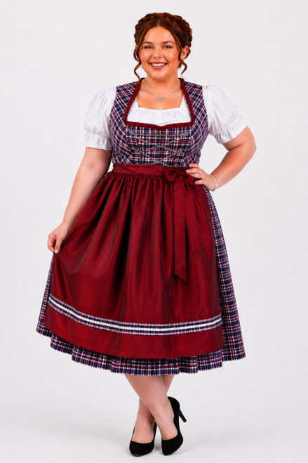Plus size red dirndl Jentsch by eLederhosen in Crimson Cascade plaid bodice with crimson satin apron, German sizes 52 to 60, front view