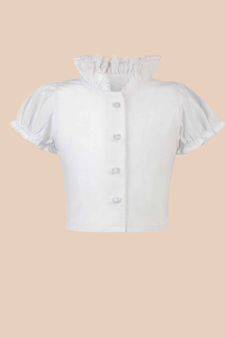White girls’ traditional Trachten blouse with delicate lace ruffled collar and elegant sleeve detailing.