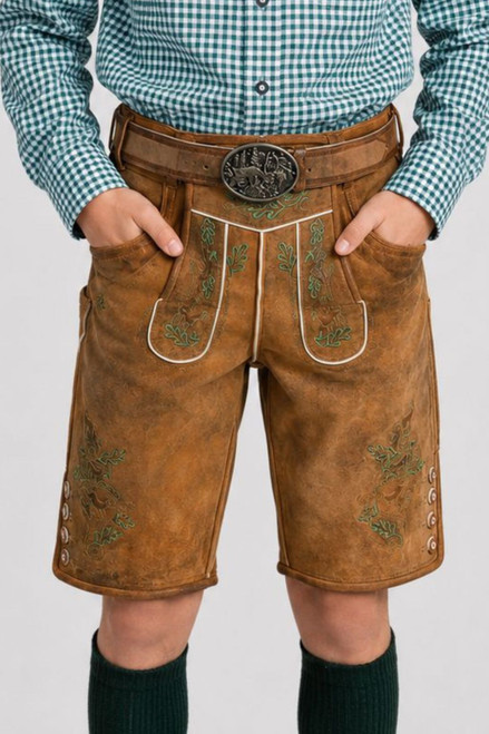 Otto Lederhosen for boys in antique goat brown suede leather with traditional Bavarian embroidery and classic belt for Oktoberfest.