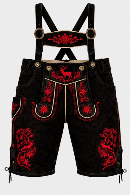 Black traditional Bavarian lederhosen shorts with bright red deer and floral embroidery, featuring suspenders, metal buckles, and classic Alpine Oktoberfest design.