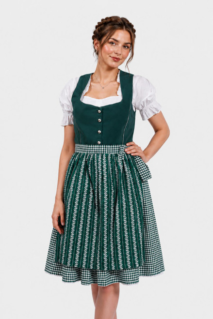 Green mini dirndl Mona by eLederhosen in Mystic Green with checkered apron and silver button front, front view