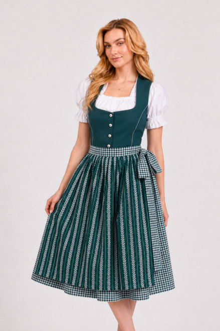 Green maxi dirndl Mona by eLederhosen, ankle-length Lange Dirndl in Mystic Green with checkered apron, front view