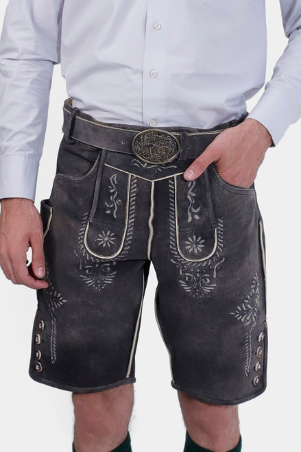 closed view of a man wearing John Denver Lederhosen