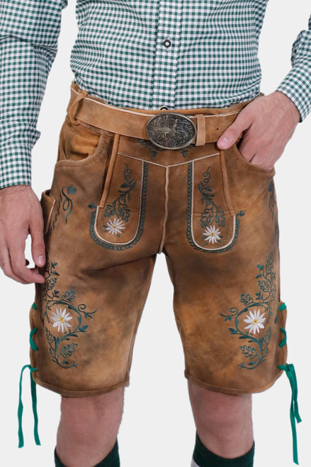 closed view of a man wearing Manuel Neuer Lederhosen