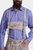 close-up view of Man in light beige lederhosen with blue embroidery, front and back pockets, and a side knife pocket