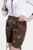 A side view of a woman in earthy brown lederhosen with green and white floral embroidery, paired with a white shirt, posing with her hand on her hip.