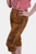 Close-up side view of a woman wearing light brown knee-length Lederhosen with simple embroidery on the leg. The woman is dressed in a red checkered blouse, her hand resting on her hip.