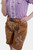 Close-up of a woman wearing traditional brown leather shorts (lederhosen) with intricate white embroidery and a checkered purple blouse. The lederhosen are accessorized with a detailed belt featuring a round metal buckle.