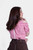 Woman wearing a red and white checkered Sarah Traditional Blouse, back view.