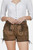 Brown traditional shorts with embroidery worn by a person against a white background